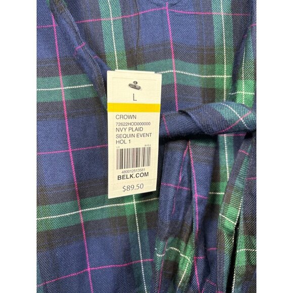 Crown & Ivy Navy Plaid Tie Back Neck Dress Ruffle Size L - Picture 2 of 6